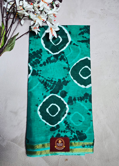 Teal Green & Dark Green Cotton Bagru Handblock Saree with Abstract Floral Motifs & Gold Border