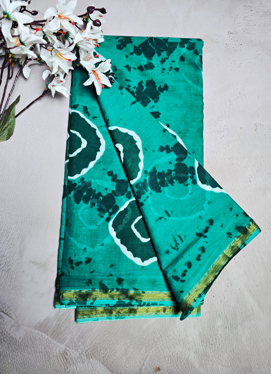 Teal Green & Dark Green Cotton Bagru Handblock Saree with Abstract Floral Motifs & Gold Border