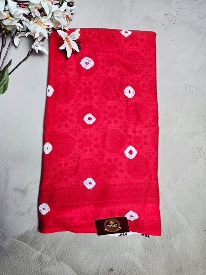 Crimson Red & White Linen Cotton Saree with Bandhani-Inspired Motifs & Geometric Pallu