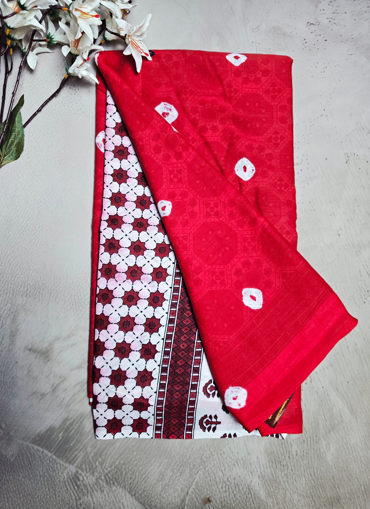Crimson Red & White Linen Cotton Saree with Bandhani-Inspired Motifs & Geometric Pallu