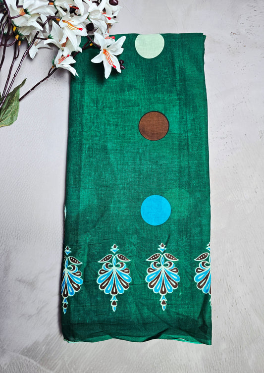 Emerald Green Cotton Saree with Multicolour Circle Motifs & Traditional Handblock Border