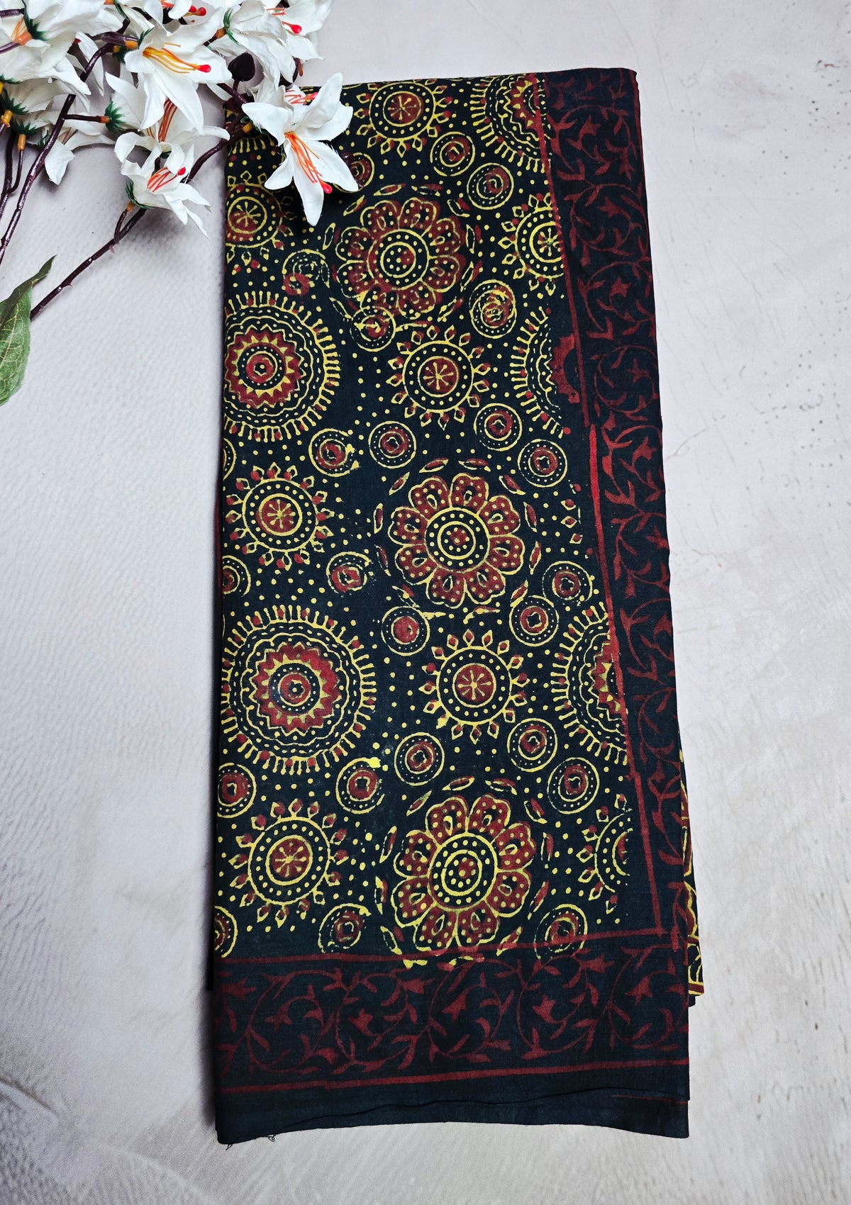 Black & Maroon Cotton Saree with Mustard Floral Mandala Bagru Handblocks
