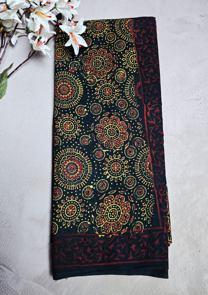 Black & Maroon Cotton Saree with Mustard Floral Mandala Bagru Handblocks