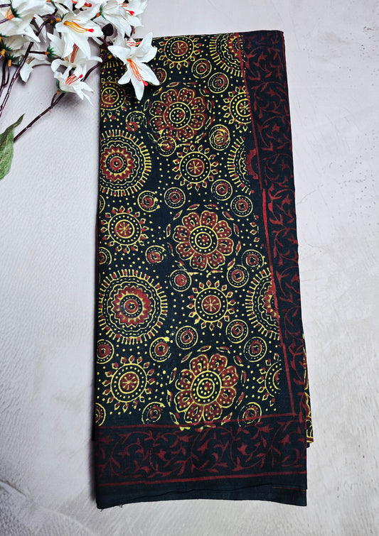 Black & Maroon Cotton Saree with Mustard Floral Mandala Bagru Handblocks