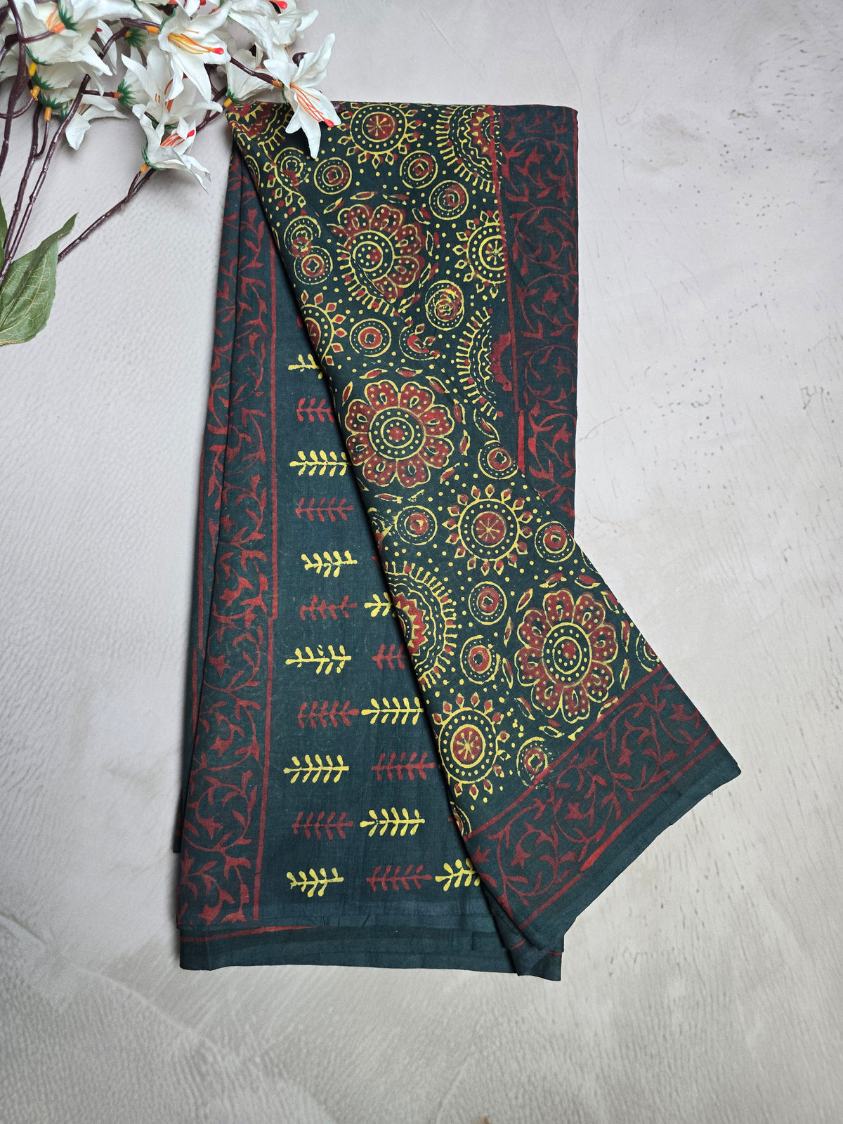 Black & Maroon Cotton Saree with Mustard Floral Mandala Bagru Handblocks