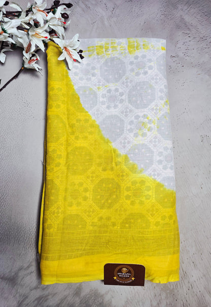Sunshine Yellow & White Cotton Saree with Subtle Geometric Bagru Handblocks