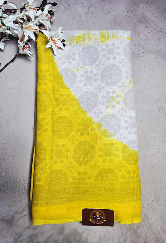Sunshine Yellow & White Cotton Saree with Subtle Geometric Bagru Handblocks