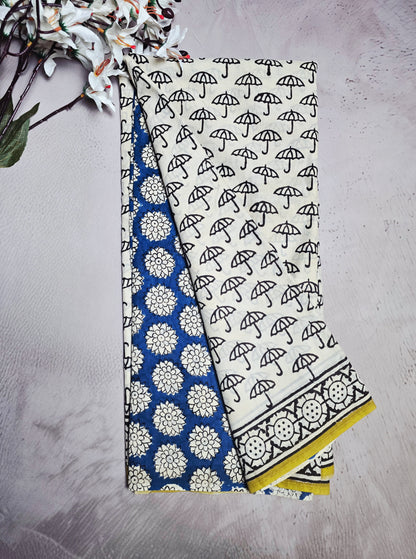 Ivory & Black Cotton Saree with Umbrella Bagru Handblocks & Blue Floral Pallu