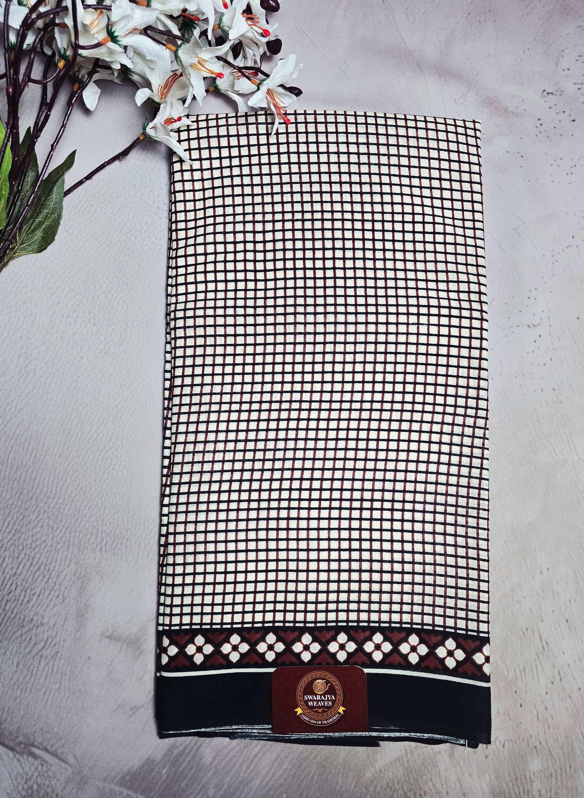 Ivory, Black & Maroon Bagru Cotton Saree with Checked Pattern & Geometric Border