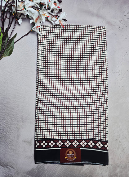 Ivory, Black & Maroon Bagru Cotton Saree with Checked Pattern & Geometric Border