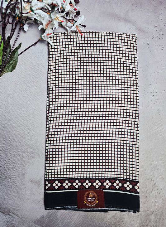 Ivory, Black & Maroon Bagru Cotton Saree with Checked Pattern & Geometric Border