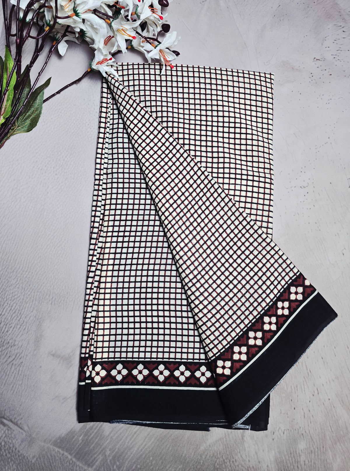 Ivory, Black & Maroon Bagru Cotton Saree with Checked Pattern & Geometric Border