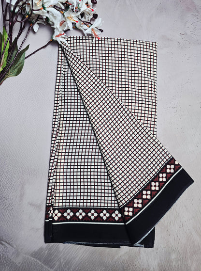 Ivory, Black & Maroon Bagru Cotton Saree with Checked Pattern & Geometric Border