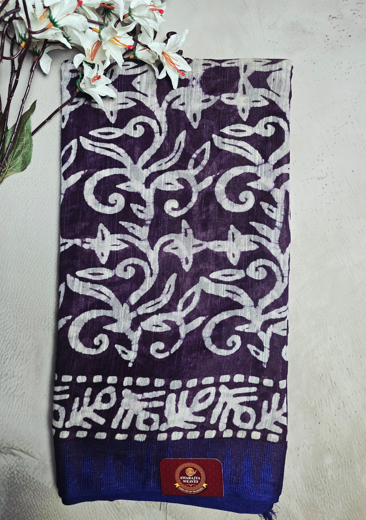 Plum Purple & Ivory Bagru Cotton Saree with Traditional Floral Vine Motifs
