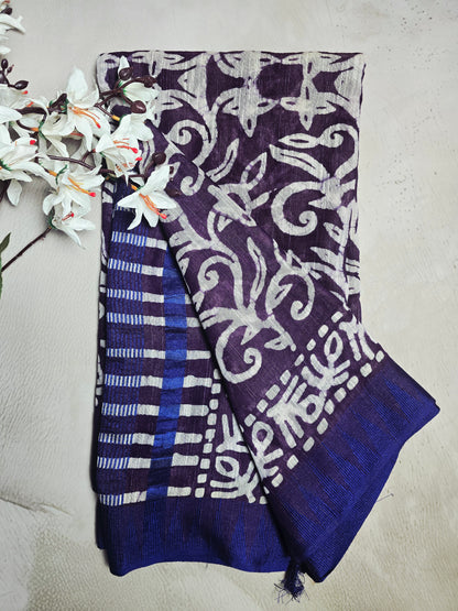 Plum Purple & Ivory Bagru Cotton Saree with Traditional Floral Vine Motifs