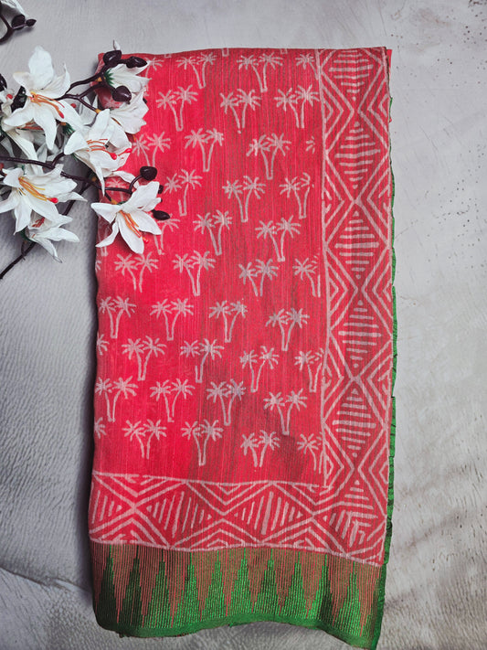 Coral Red & Green Cotton Saree with Palm Tree Motifs and Geometric Border