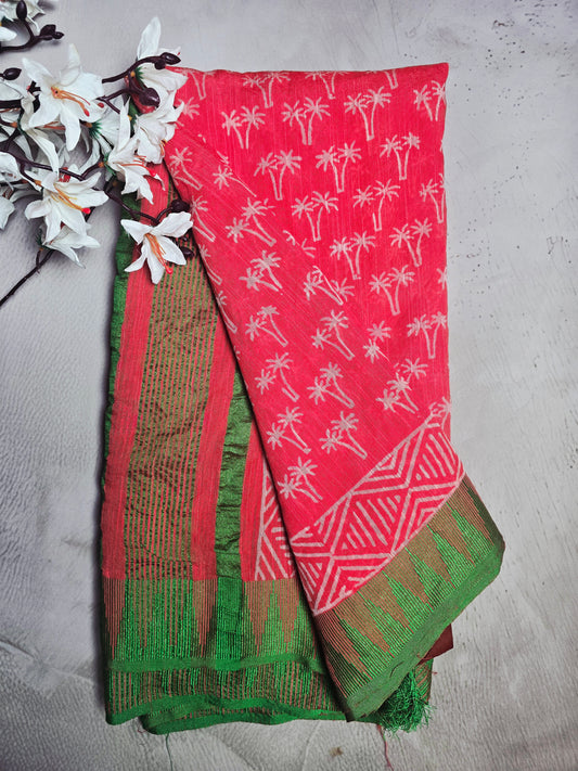 Coral Red & Green Cotton Saree with Palm Tree Motifs and Geometric Border