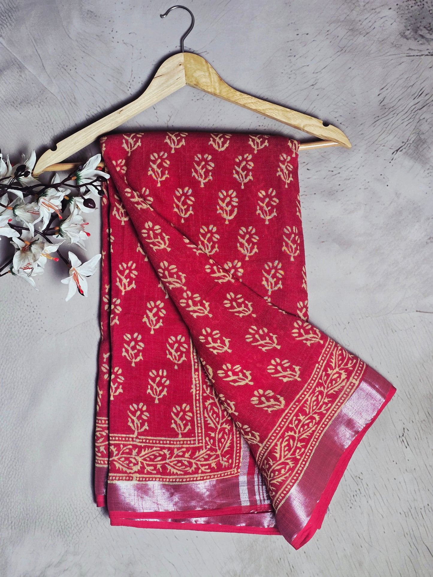 Crimson Red & Gold Floral Printed Linen Cotton Saree