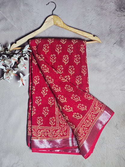 Crimson Red & Gold Floral Printed Linen Cotton Saree