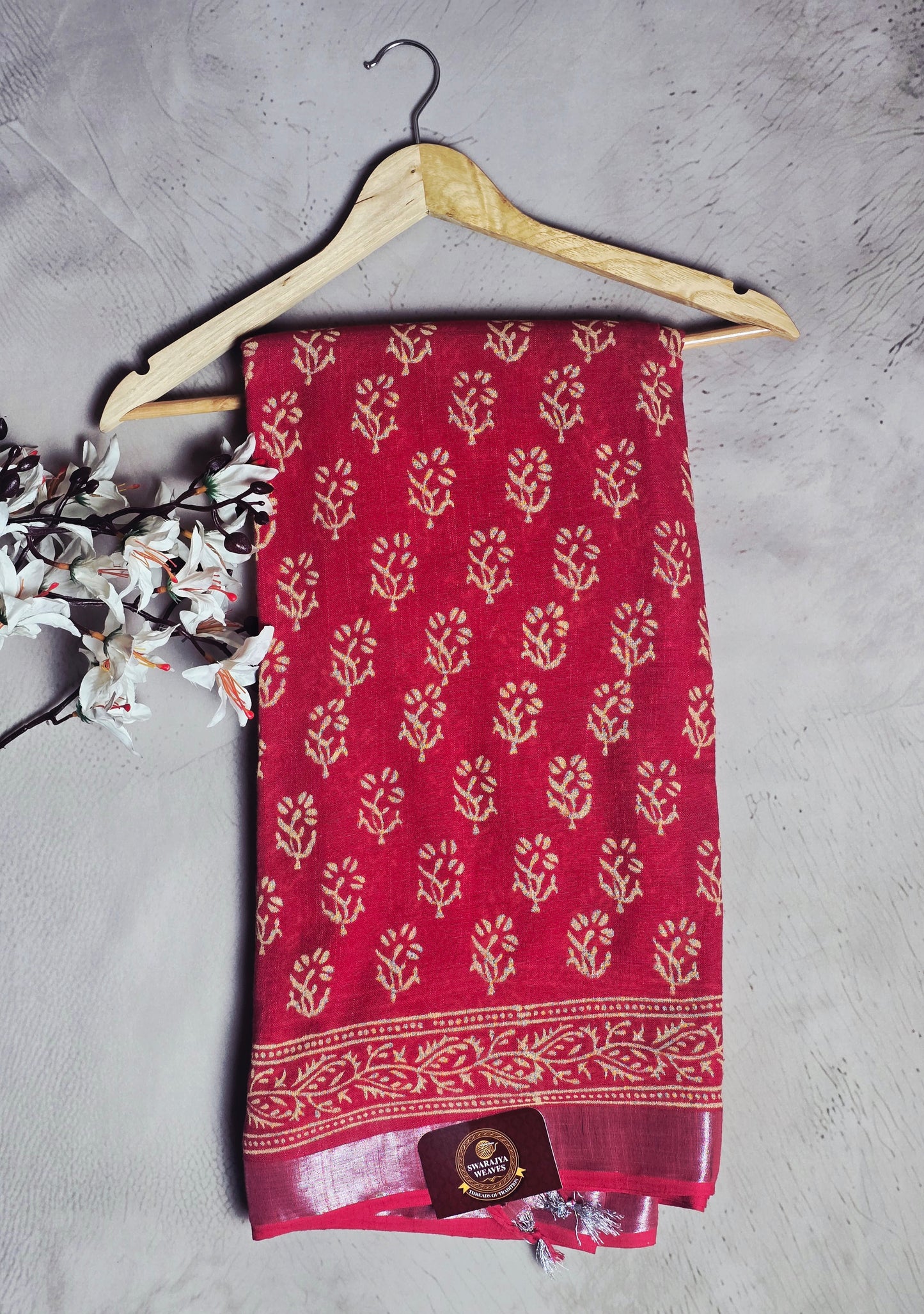 Crimson Red & Gold Floral Printed Linen Cotton Saree