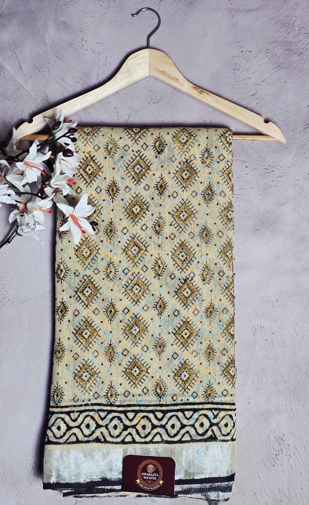 Ivory Beige & Mustard Geometric Printed Linen Cotton Saree