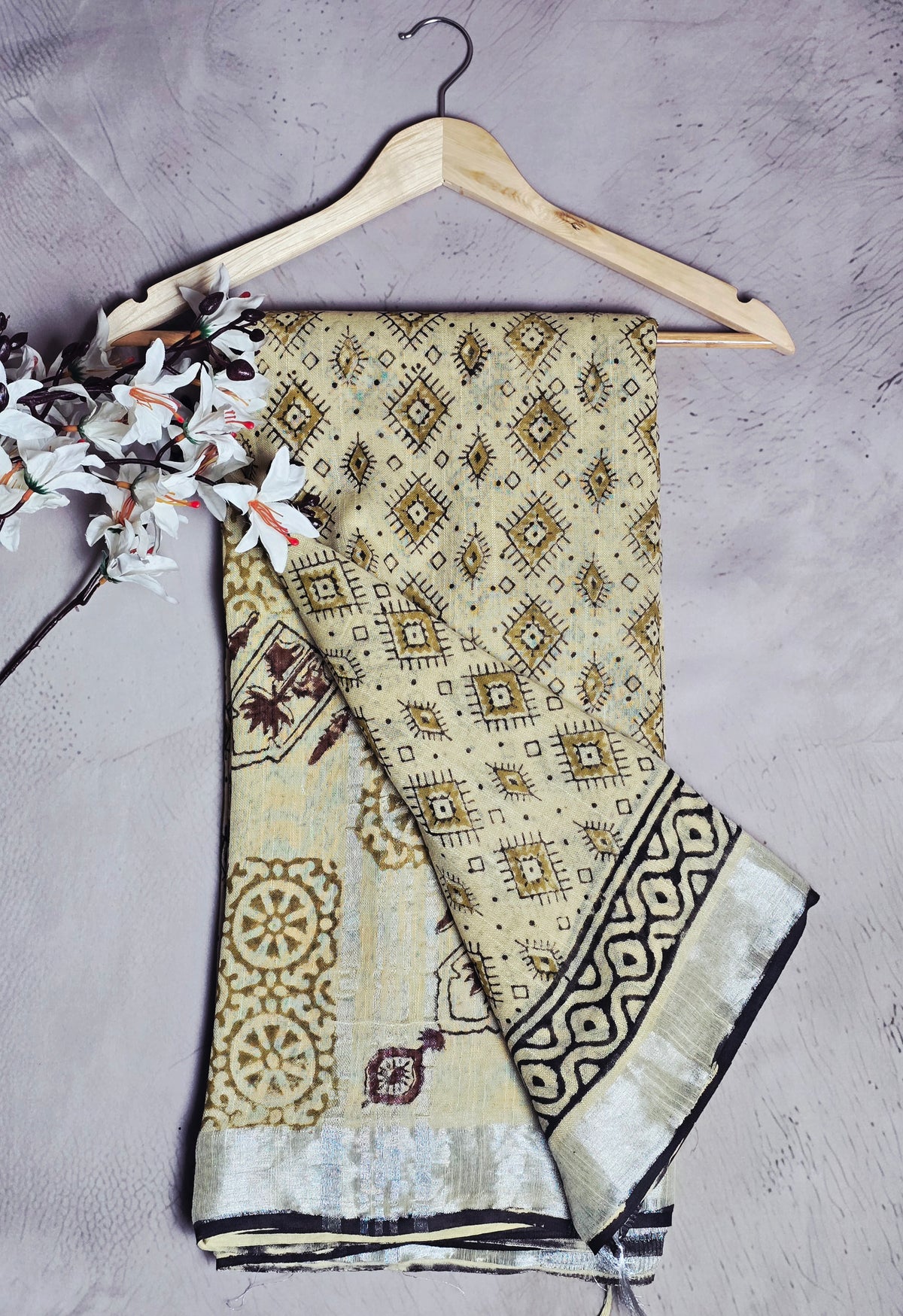 Ivory Beige & Mustard Geometric Printed Linen Cotton Saree