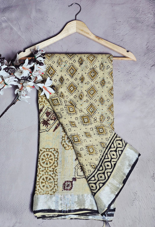 Ivory Beige & Mustard Geometric Printed Linen Cotton Saree