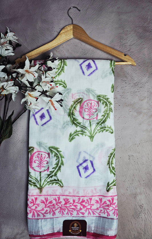 Pastel Blue & Pink Floral Printed Linen Cotton Saree