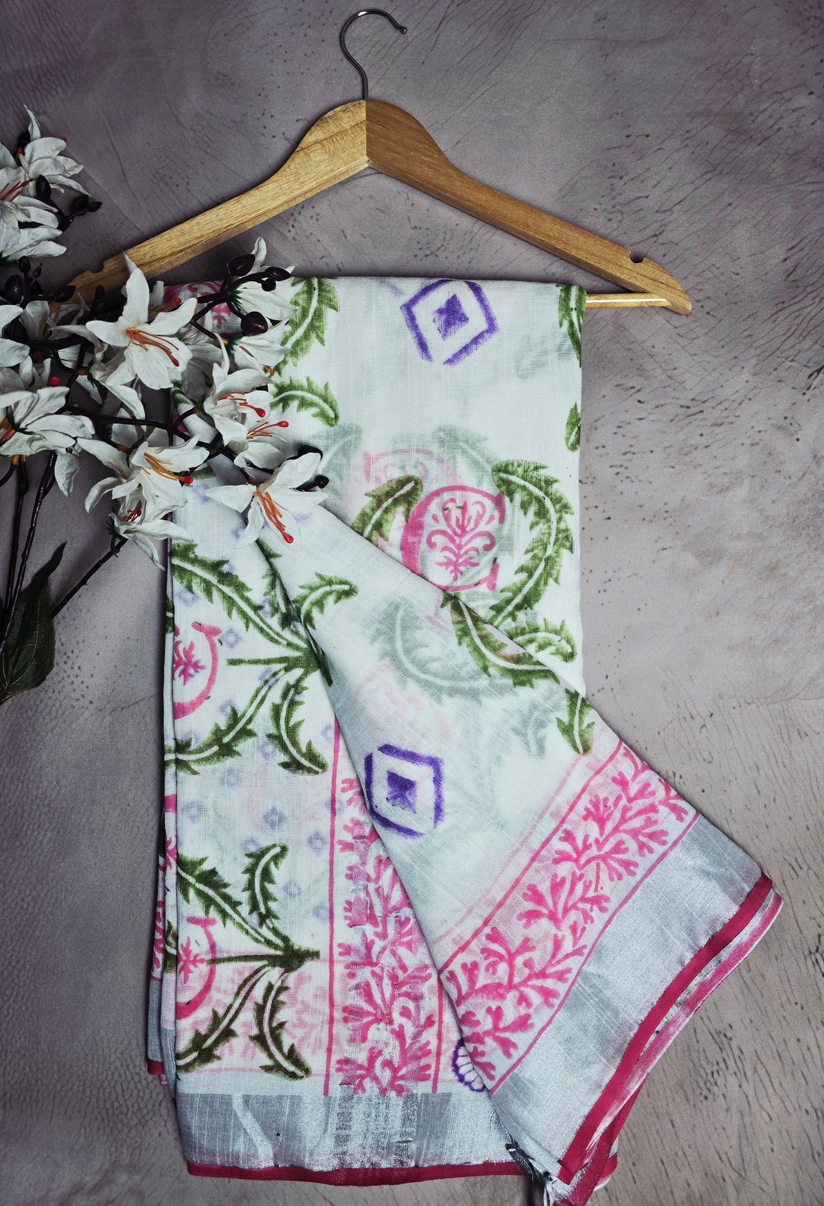 Pastel Blue & Pink Floral Printed Linen Cotton Saree
