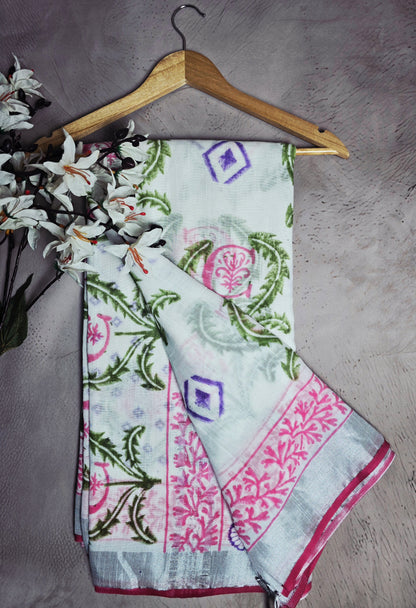 Pastel Blue & Pink Floral Printed Linen Cotton Saree