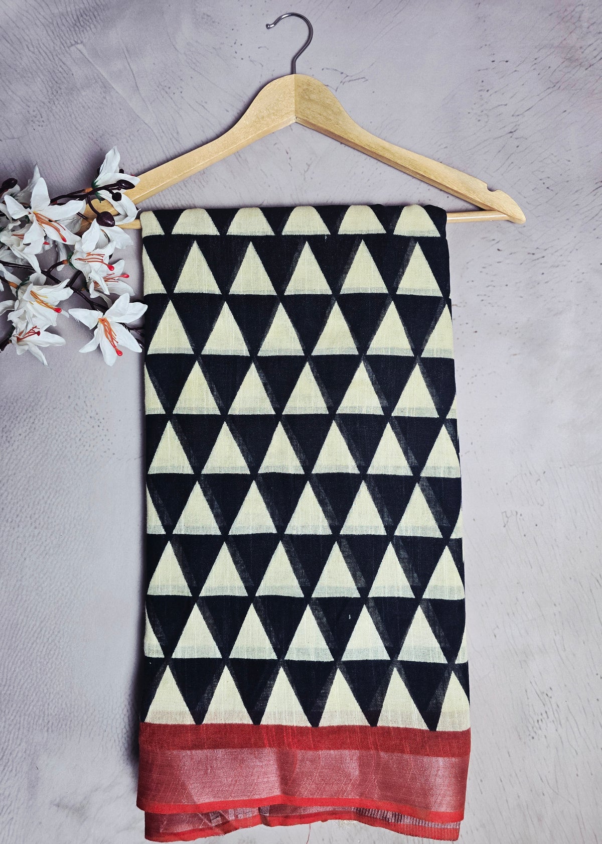 Black & Ivory Geometric Linen Cotton Saree with Rust Border