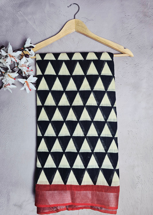Black & Ivory Geometric Linen Cotton Saree with Rust Border