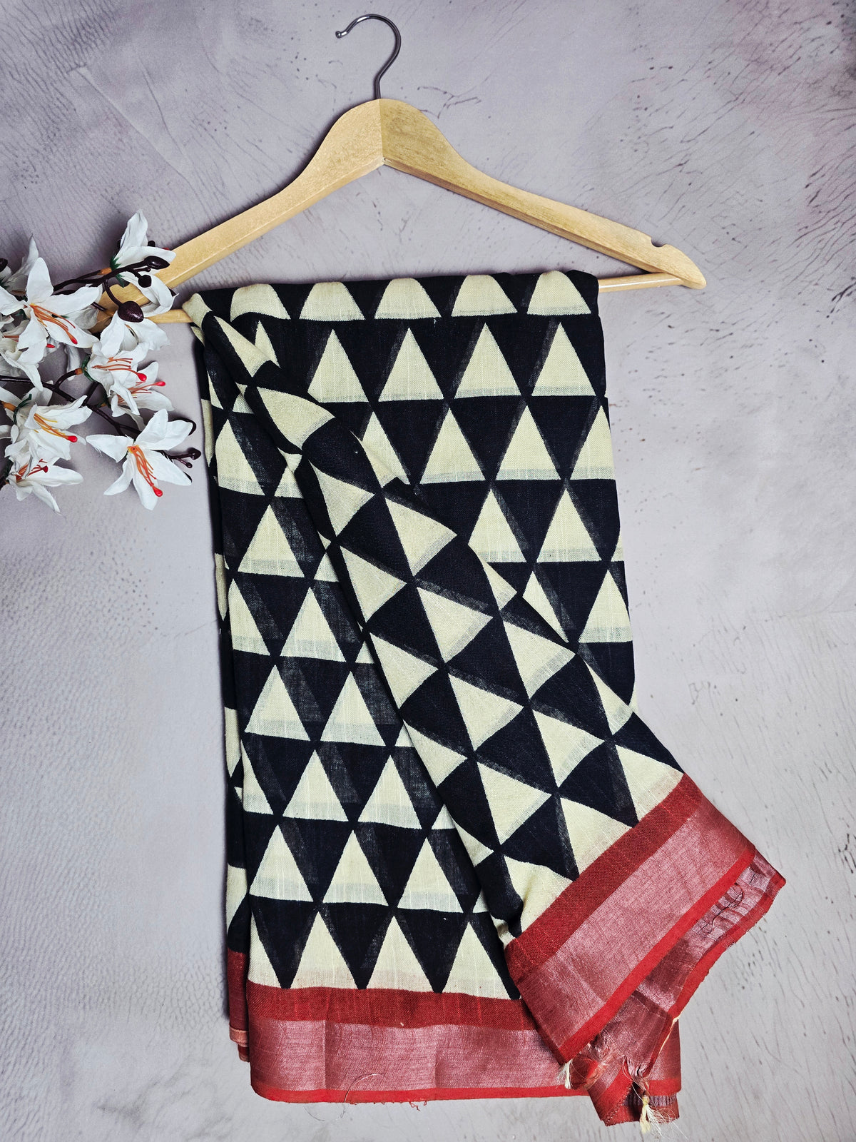 Black & Ivory Geometric Linen Cotton Saree with Rust Border