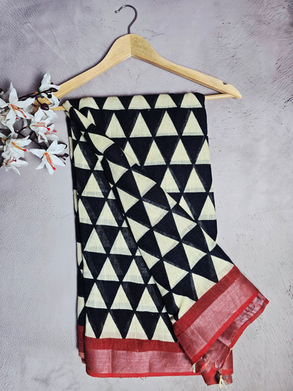 Black & Ivory Geometric Linen Cotton Saree with Rust Border