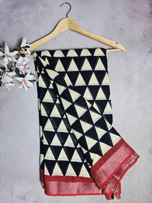 Black & Ivory Geometric Linen Cotton Saree with Rust Border
