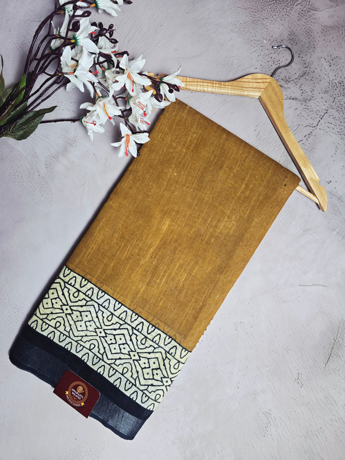 Mustard & Black Traditional Border Linen Cotton Saree