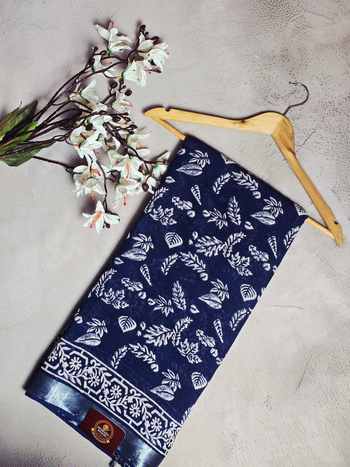 Navy Blue & White Botanical Floral Border Linen Cotton Saree