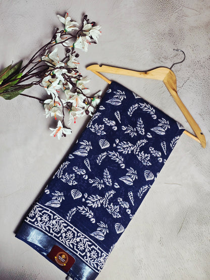 Navy Blue & White Botanical Floral Border Linen Cotton Saree
