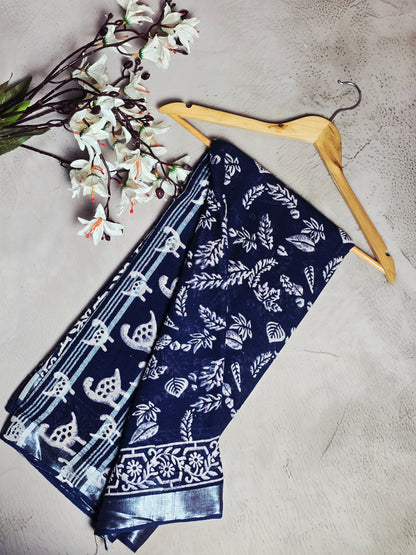 Navy Blue & White Botanical Floral Border Linen Cotton Saree