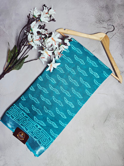 Turquoise Blue & Aqua Geometric Print Linen Cotton Saree