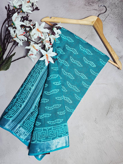 Turquoise Blue & Aqua Geometric Print Linen Cotton Saree