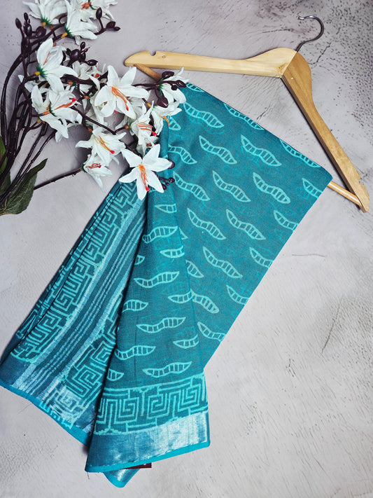 Turquoise Blue & Aqua Geometric Print Linen Cotton Saree