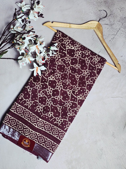 Wine & Ivory Floral Vine Linen Cotton Saree