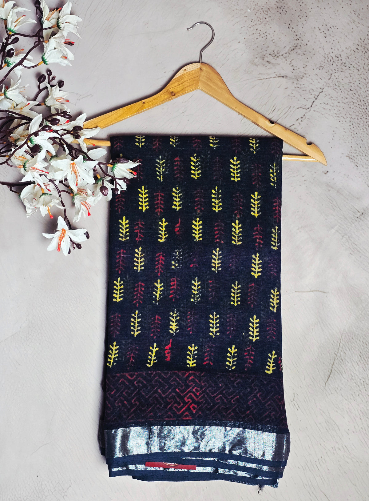 Navy Blue, Mustard & Maroon Leaf Motif Linen Cotton Saree