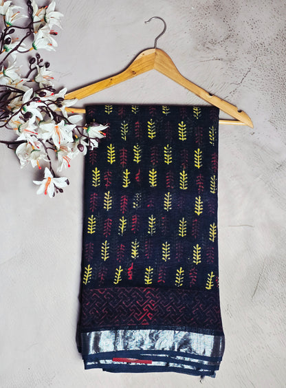 Navy Blue, Mustard & Maroon Leaf Motif Linen Cotton Saree