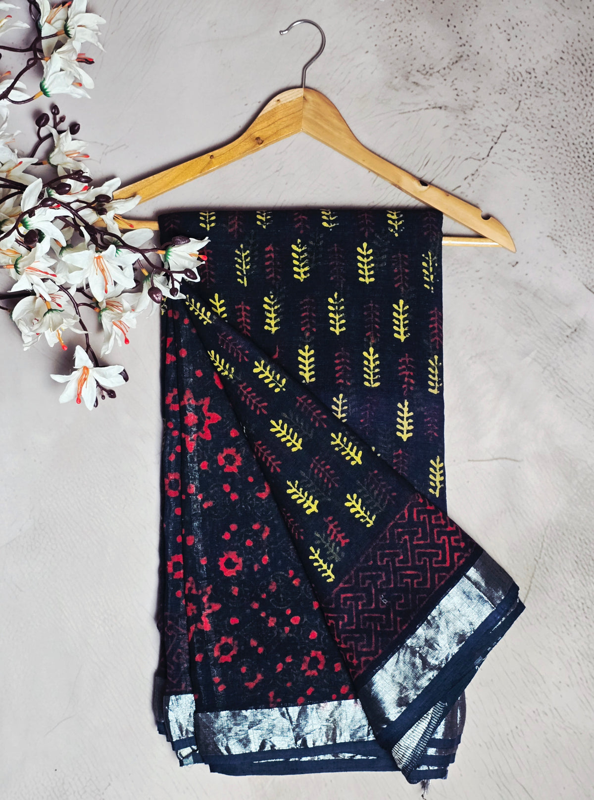 Navy Blue, Mustard & Maroon Leaf Motif Linen Cotton Saree