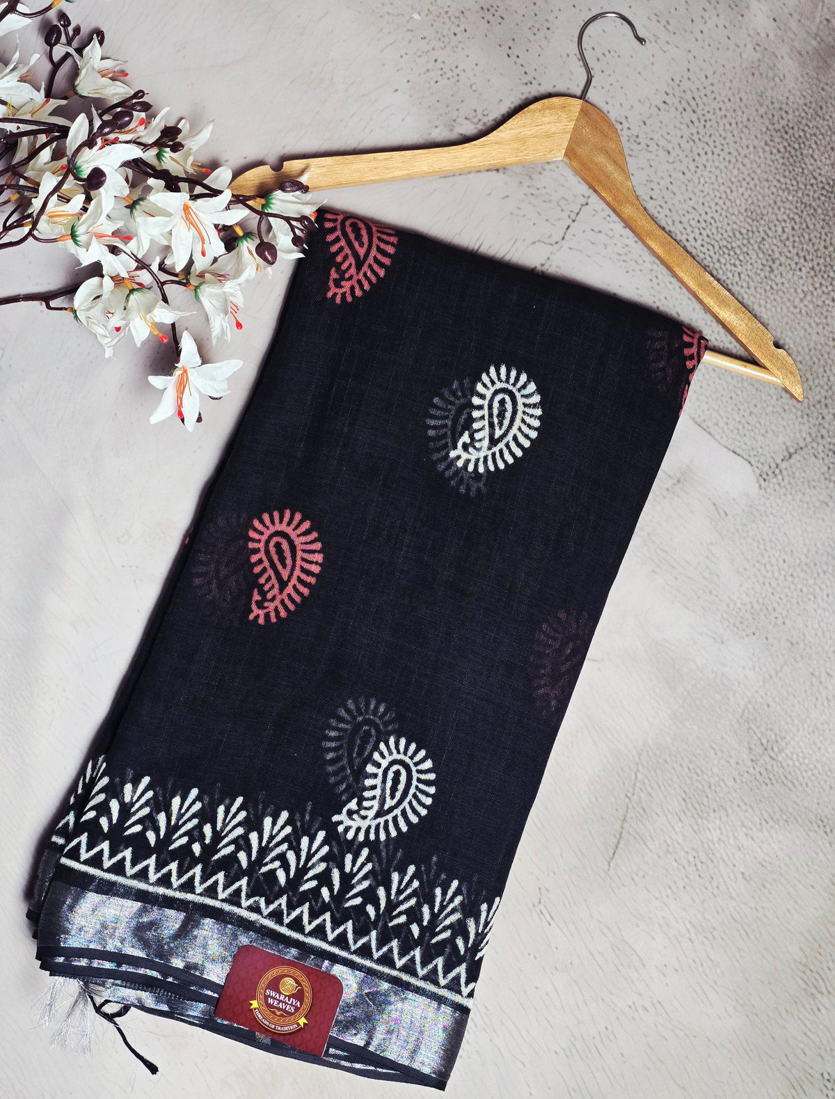 Black, White & Coral Paisley Motif Linen Cotton Saree