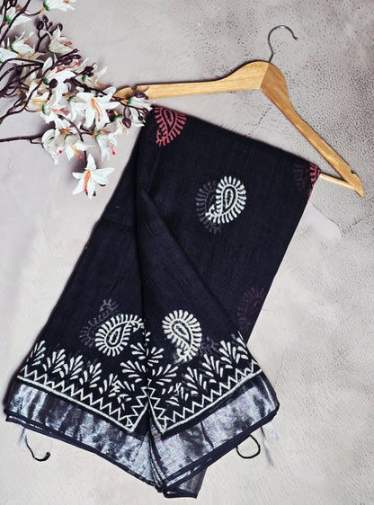 Black, White & Coral Paisley Motif Linen Cotton Saree