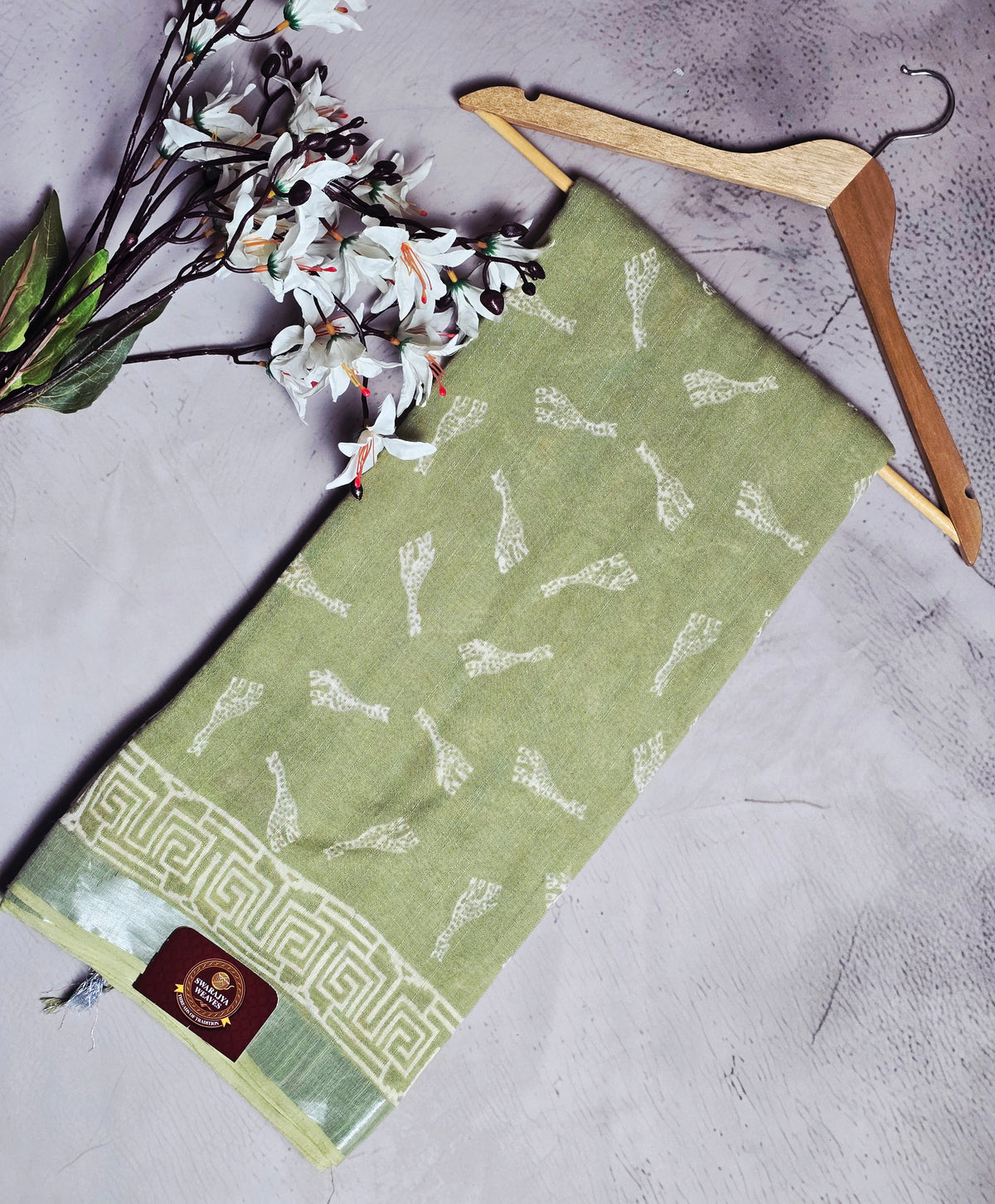 Sage Green & Ivory White Paisley Motif Linen Cotton Saree