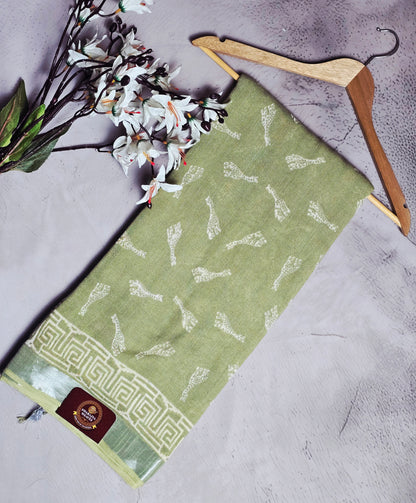 Sage Green & Ivory White Paisley Motif Linen Cotton Saree